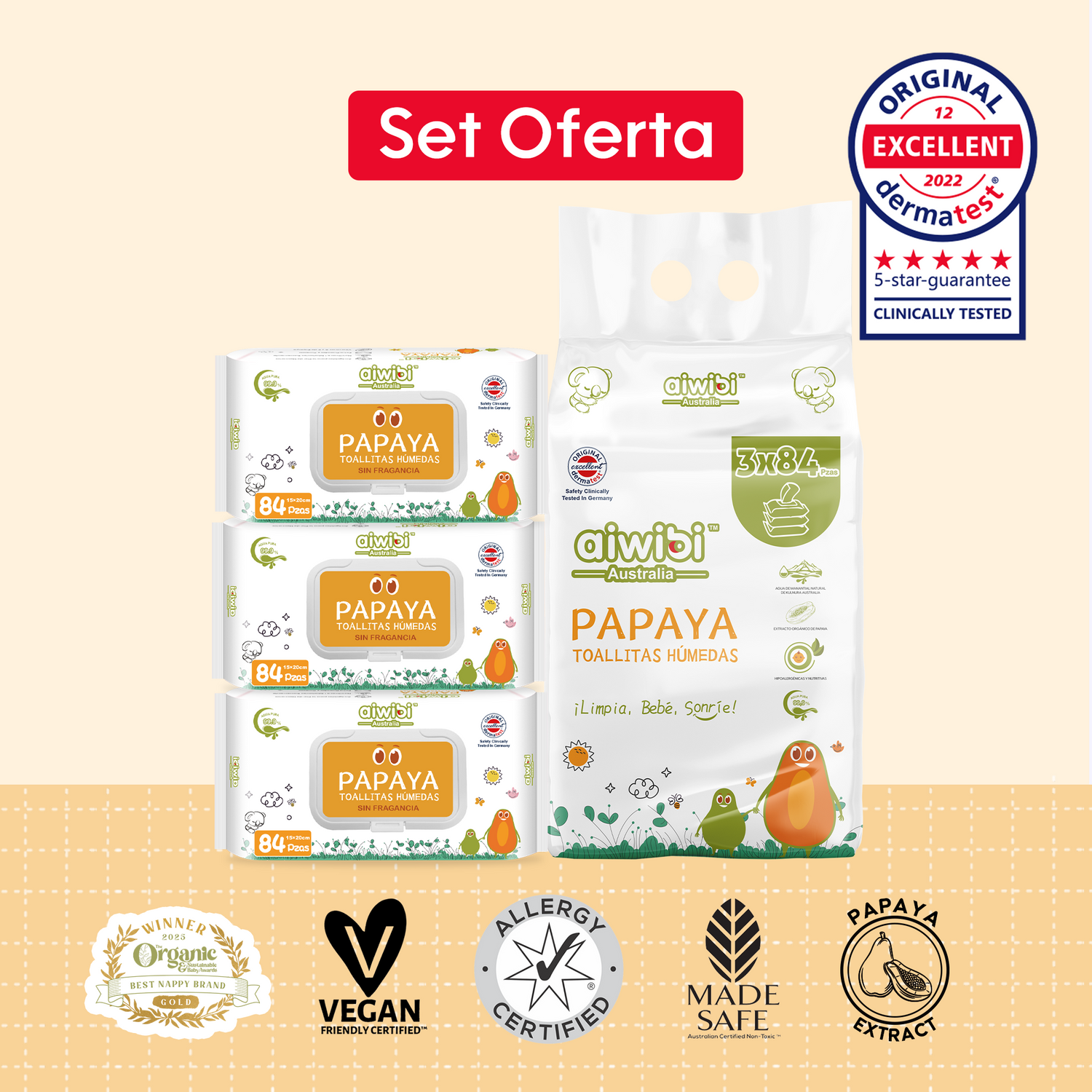 Toallitas Húmedas Cuidado Fresco y Orgánico 3 Paquetes/Bolsa - Papaya