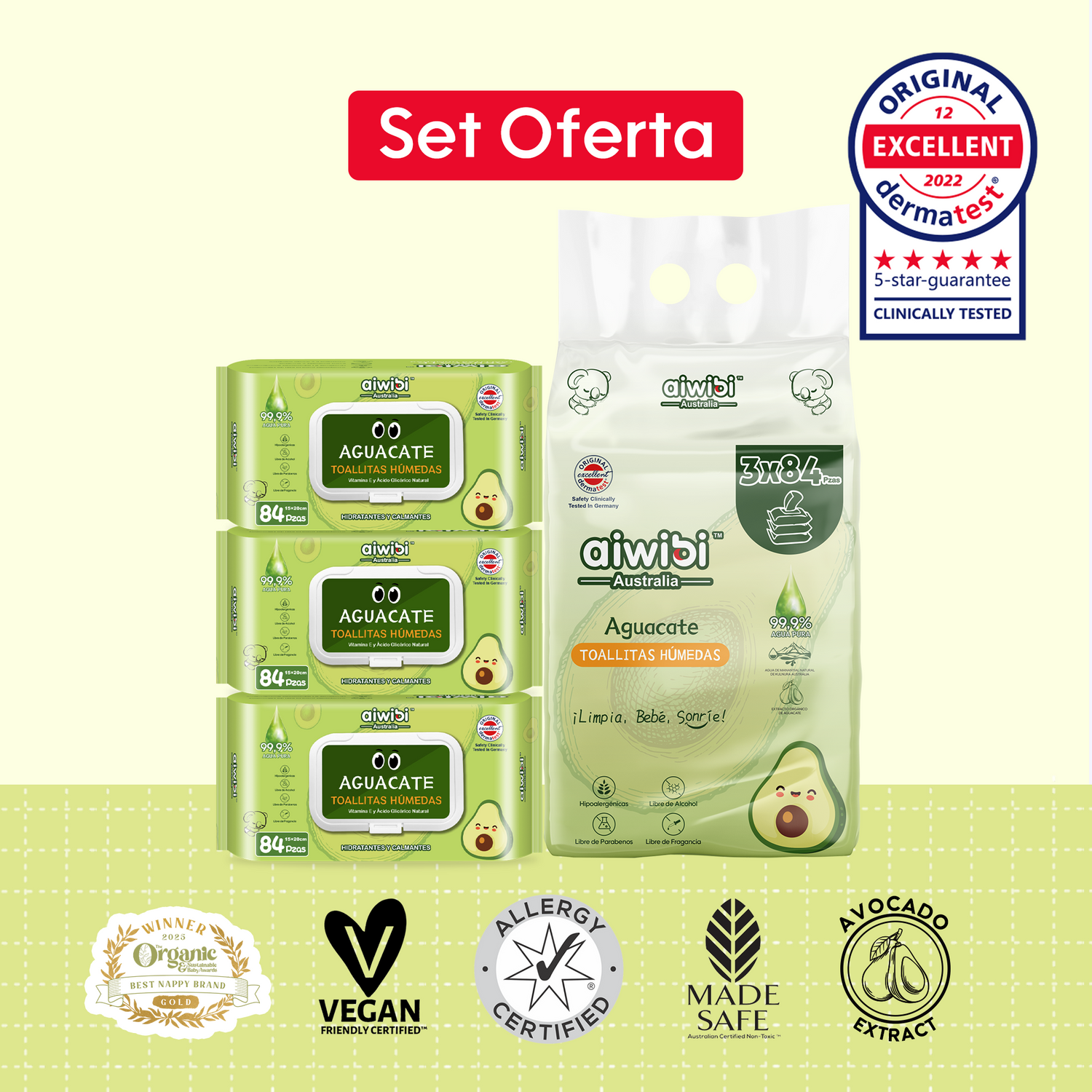 Toallitas Húmedas Cuidado Fresco y Orgánico 3 Paquetes/Bolsa - Aguacate