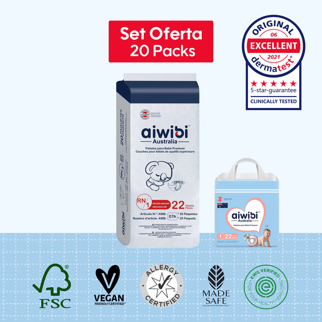 Pañales Aiwibi Para Recién Nacido Talla (RN) 20 Paquetes 440un.