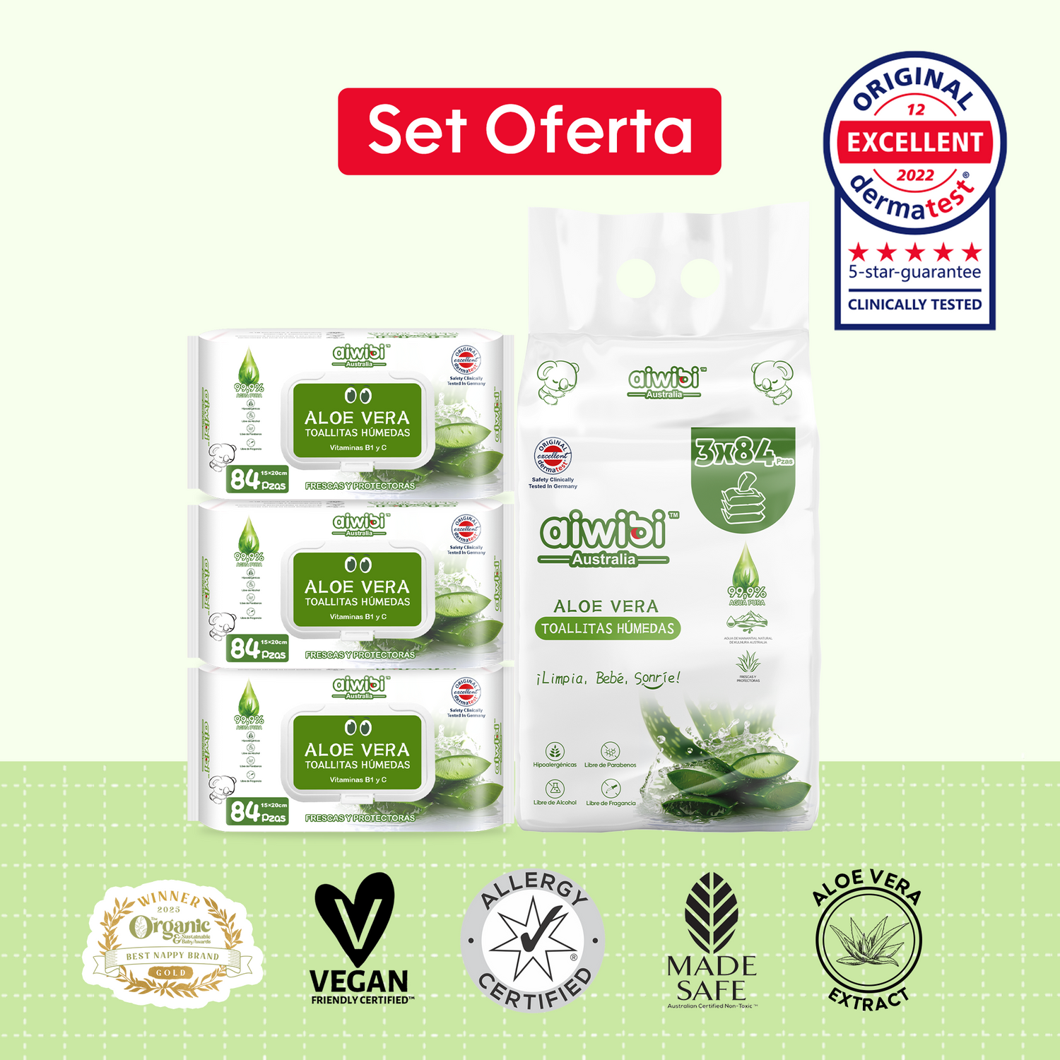Toallitas Húmedas Cuidado Fresco y Orgánico 3 Paquetes/Bolsa - Aloe Vera