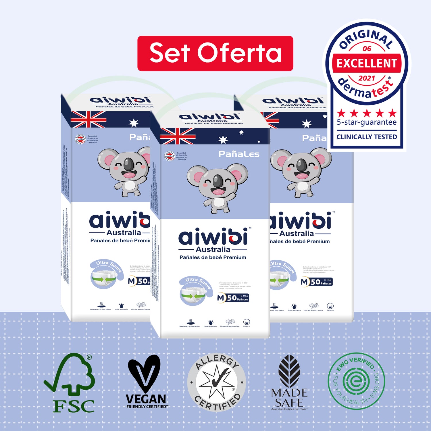 Pañales Premium Aiwibi Para Bebé Comfy Soft 3 Paquetes (150un) Talla (M)