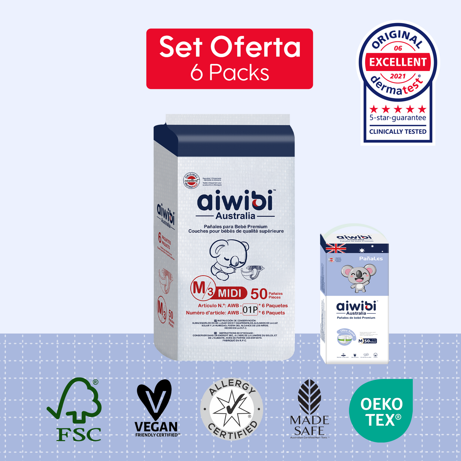 Pañales Desechables para Bebé Premium 6 Paquetes/Plancha Comfy Soft (M)