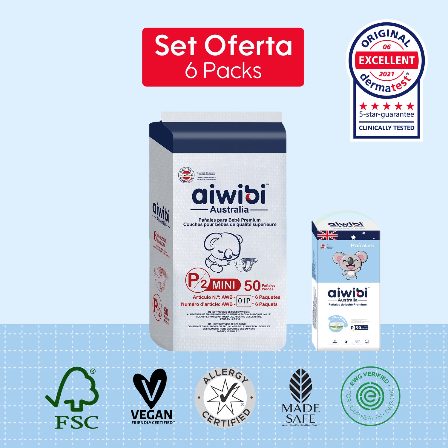 Pañales Premium Aiwibi Para Bebé Comfy Soft 6 Paquetes/Plancha (300un) Talla (P)