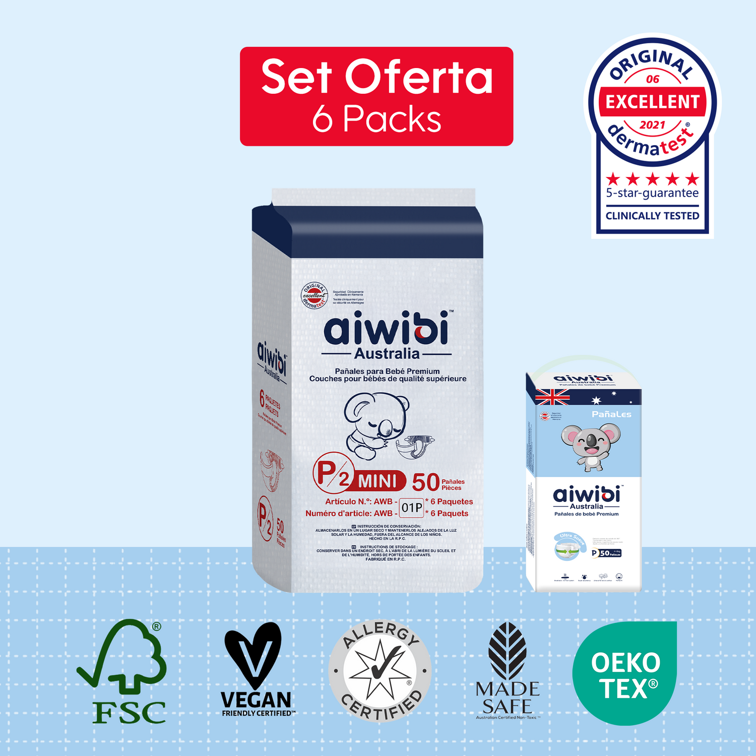 Pañales Premium Aiwibi Para Bebé Comfy Soft 6 Paquetes/Plancha (300un) Talla (P)