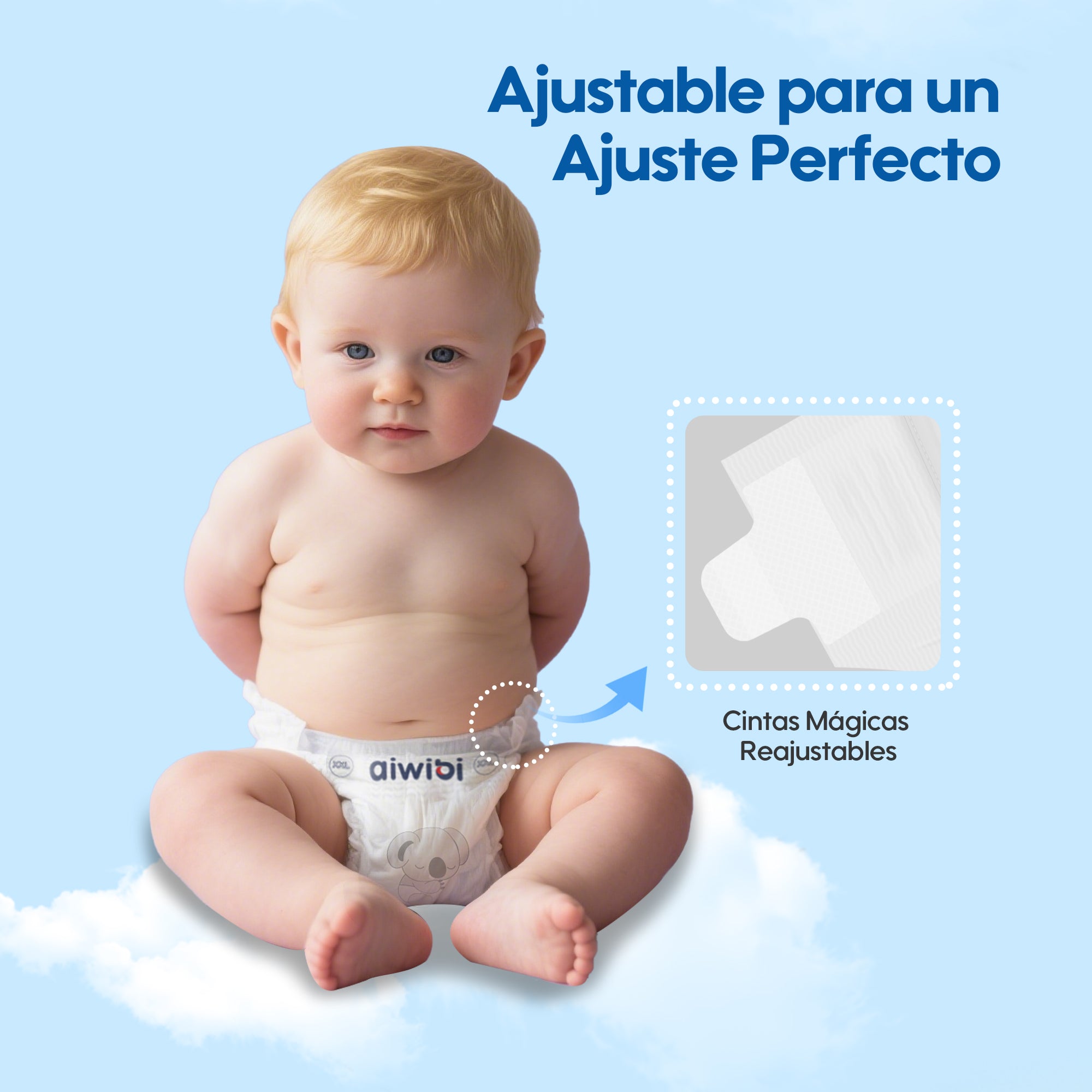 Bebé gateando cómodamente con pañales Aiwibi, que cuentan con cintura Comfort Fit 360° para un ajuste perfecto y sin irritaciones.