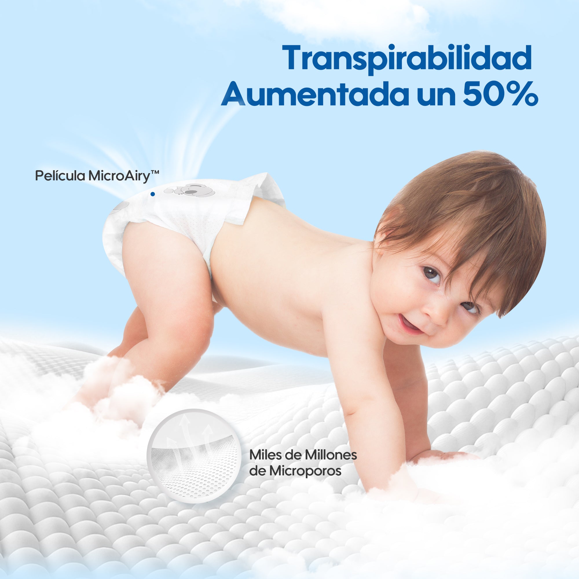 Un bebé en movimiento con pañales Aiwibi, diseñados con pulpa de madera certificada FSC y tecnología de secado rápido para mantener su piel seca.