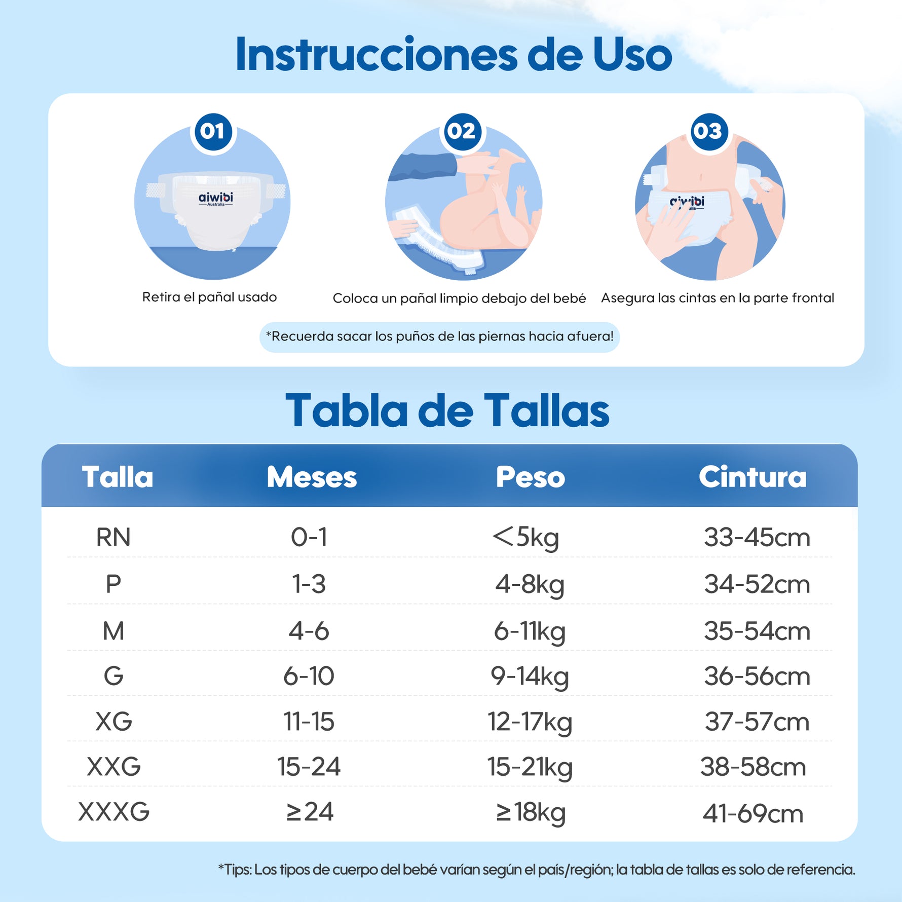 Tabla de tallas de pañales de la serie Aiwibi Comfort Care.