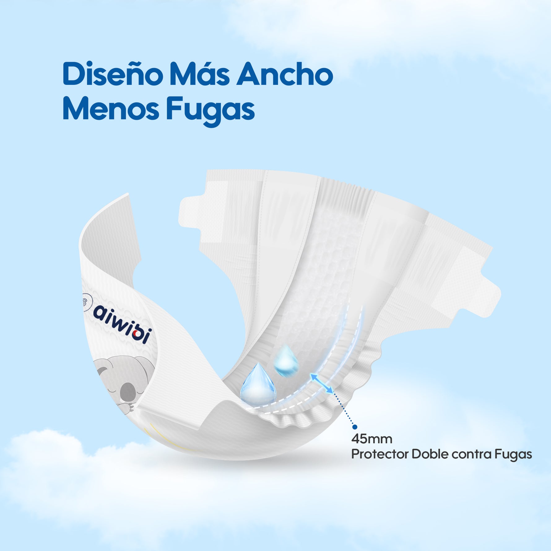 Detalle de la tecnología antifugas de los pañales Aiwibi, que asegura protección doble contra escapes y mantiene la piel de tu bebé seca y cómoda.