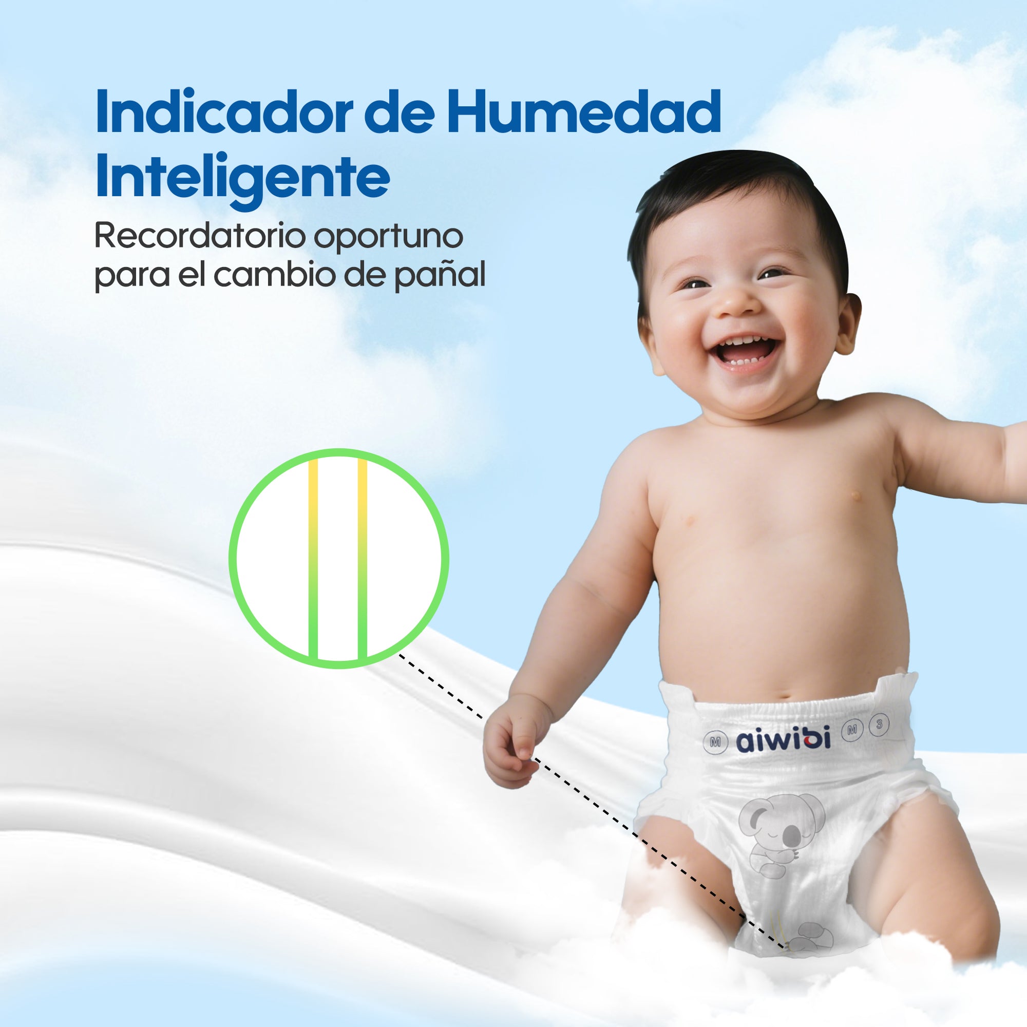 Pañales Aiwibi en acción: un bebé gateando mientras disfruta de la protección de doble antifugas y una rápida absorción para mayor comodidad.