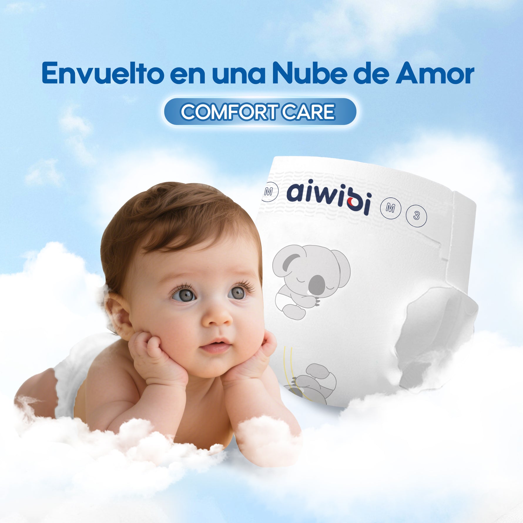 Bebé feliz usando pañales Aiwibi talla M, cómodos y sin fugas durante el movimiento.